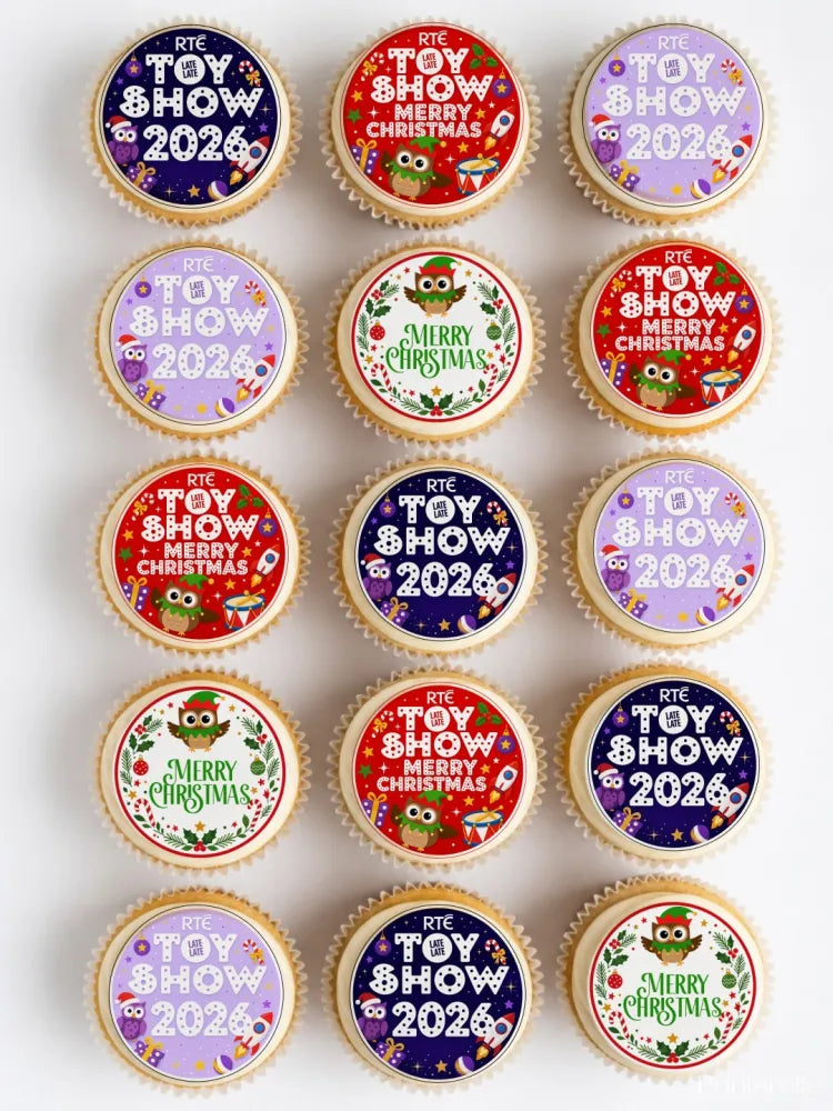 Round festive cupcakes with merry christmas cupcake toppers in red purple and white icing sheet designs