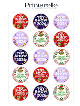 Circular merry christmas cupcake toppers with colorful owl designs on premade icing sheet for toy show cupcakes