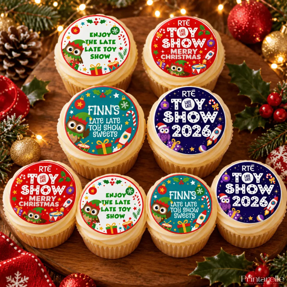 Merry christmas cupcake toppers featuring premade elf owl designs with late late toy show text on colorful icing sheet