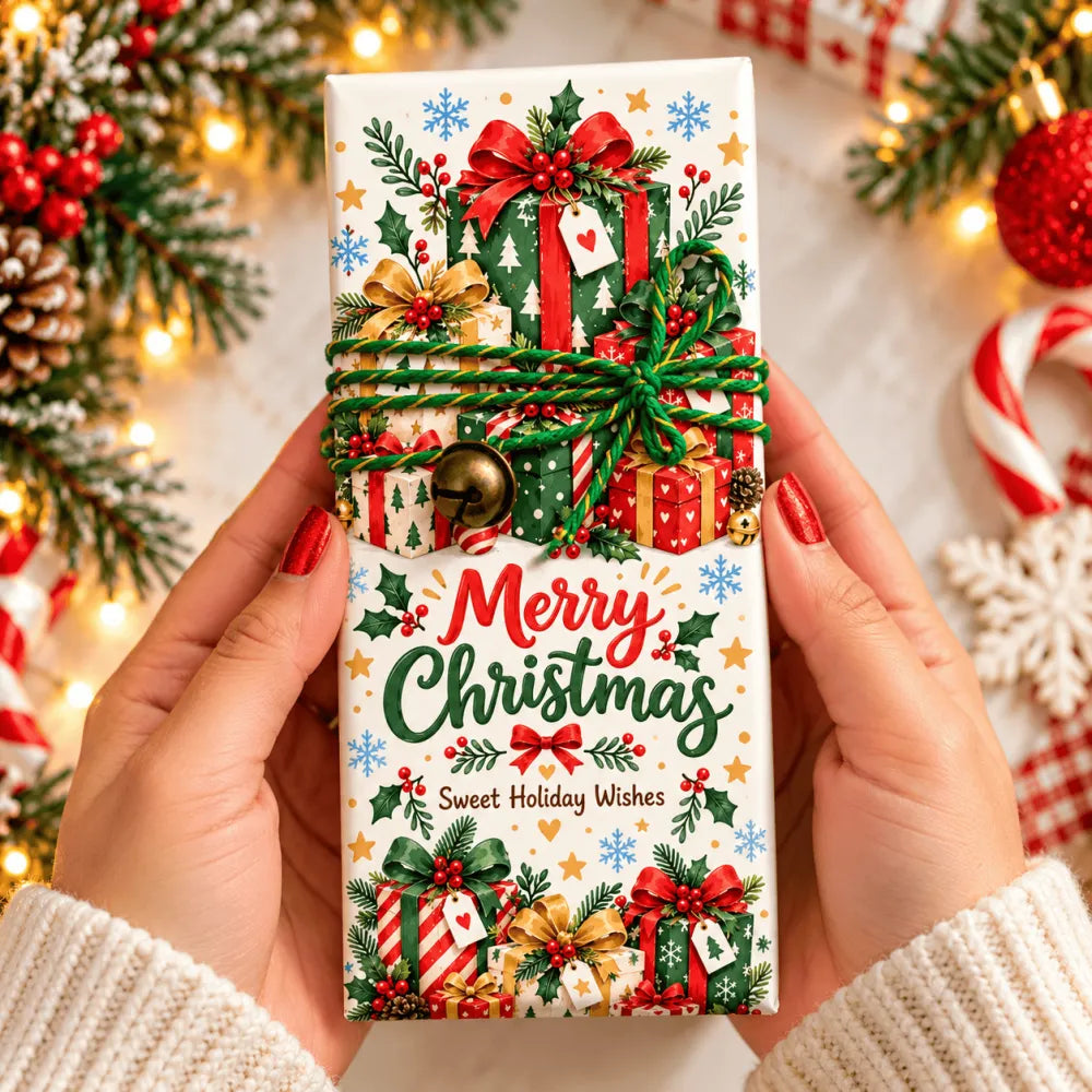 A festive white 100g chocolate bar wrapped in holiday-themed paper with red green and gold gift box designs and bow