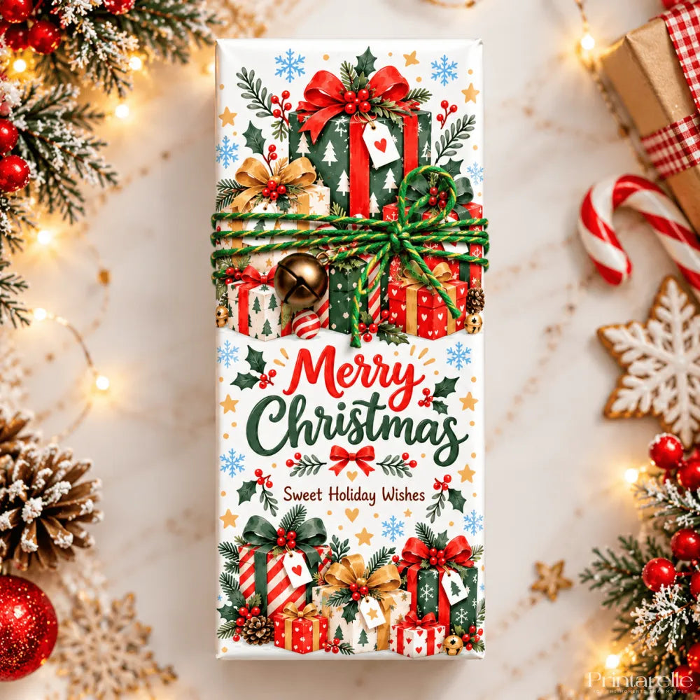 Festive personalised 100g chocolate bar wrap with colorful christmas gifts bows holly and merry christmas text