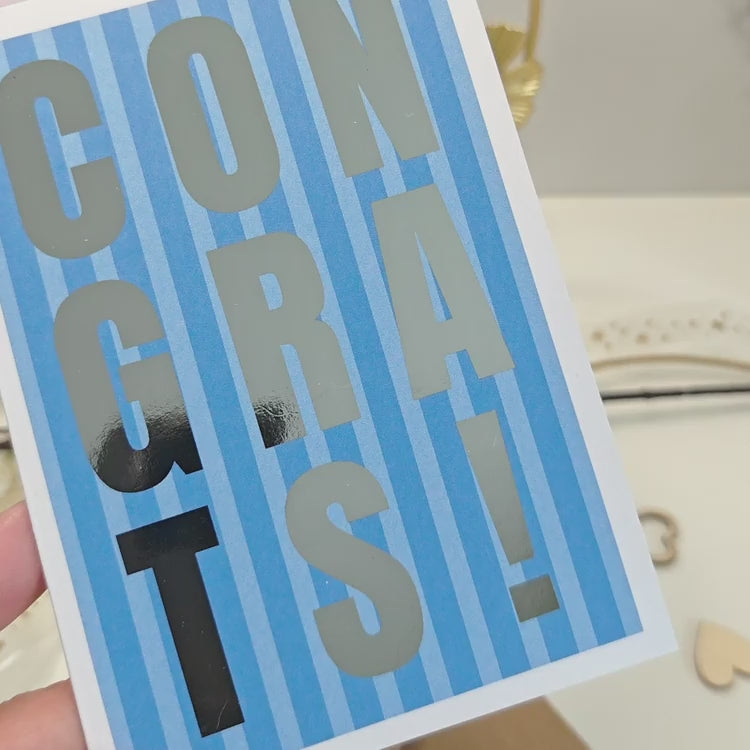 Congrats Foil Card | Blue and Silver Striped Greeting Card