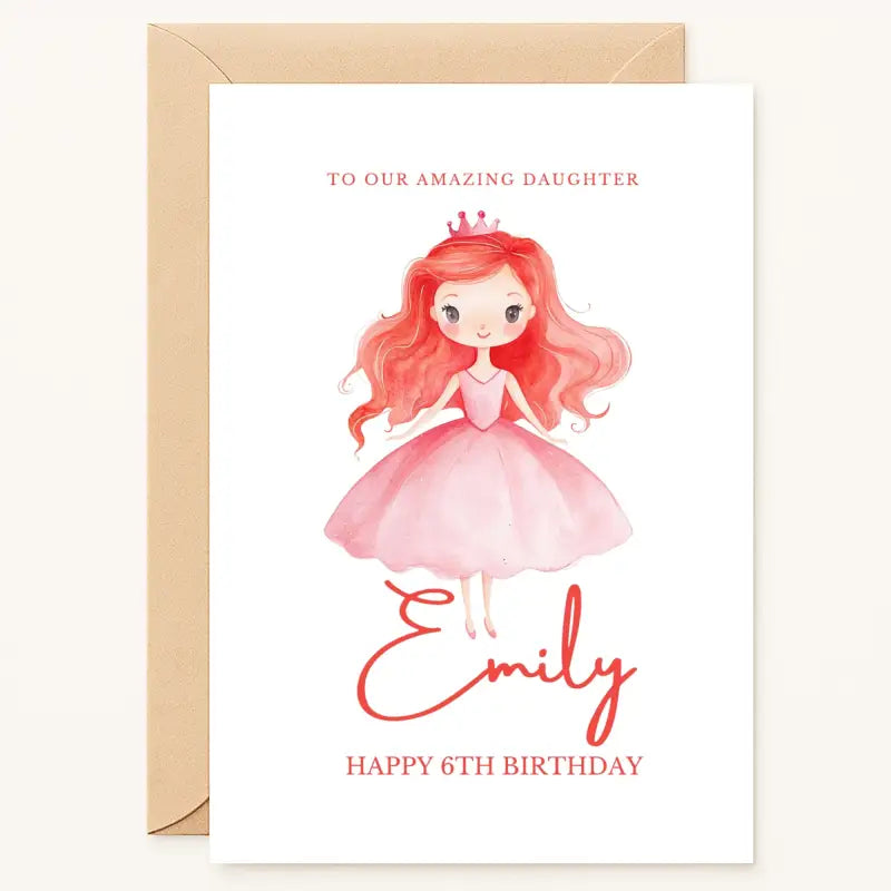 personalised 6th birthday card with red-haired princess in pink dress for daughter