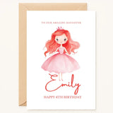 personalised 6th birthday card with red-haired princess in pink dress for daughter