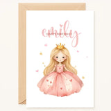 birthday card with blonde princess in pink dress and crown personalised with name