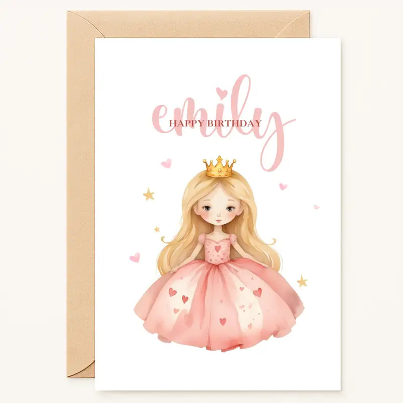 birthday card with blonde princess in pink dress and crown personalised with name