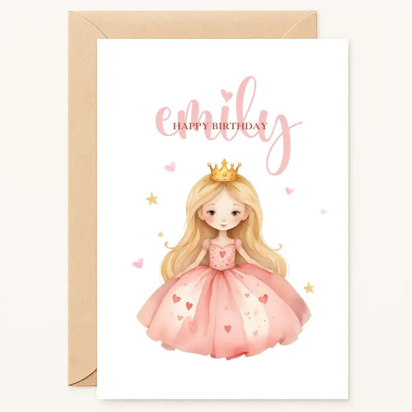 birthday card with blonde princess in pink dress and crown personalised with name