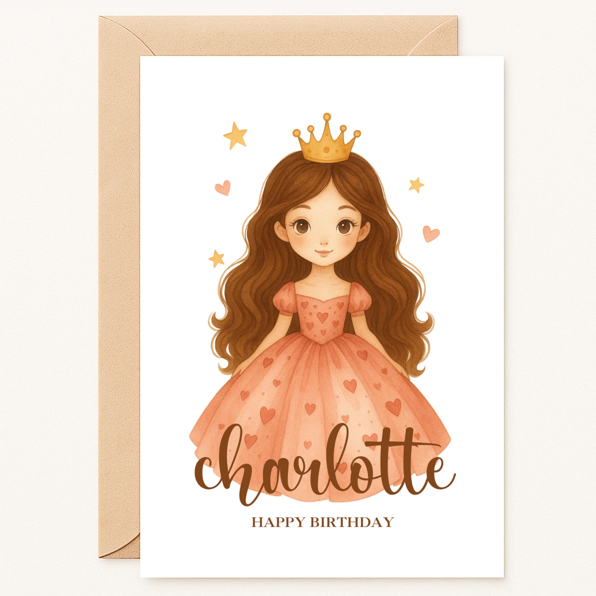 personalised birthday card with brown-haired girl in pink dress and crown