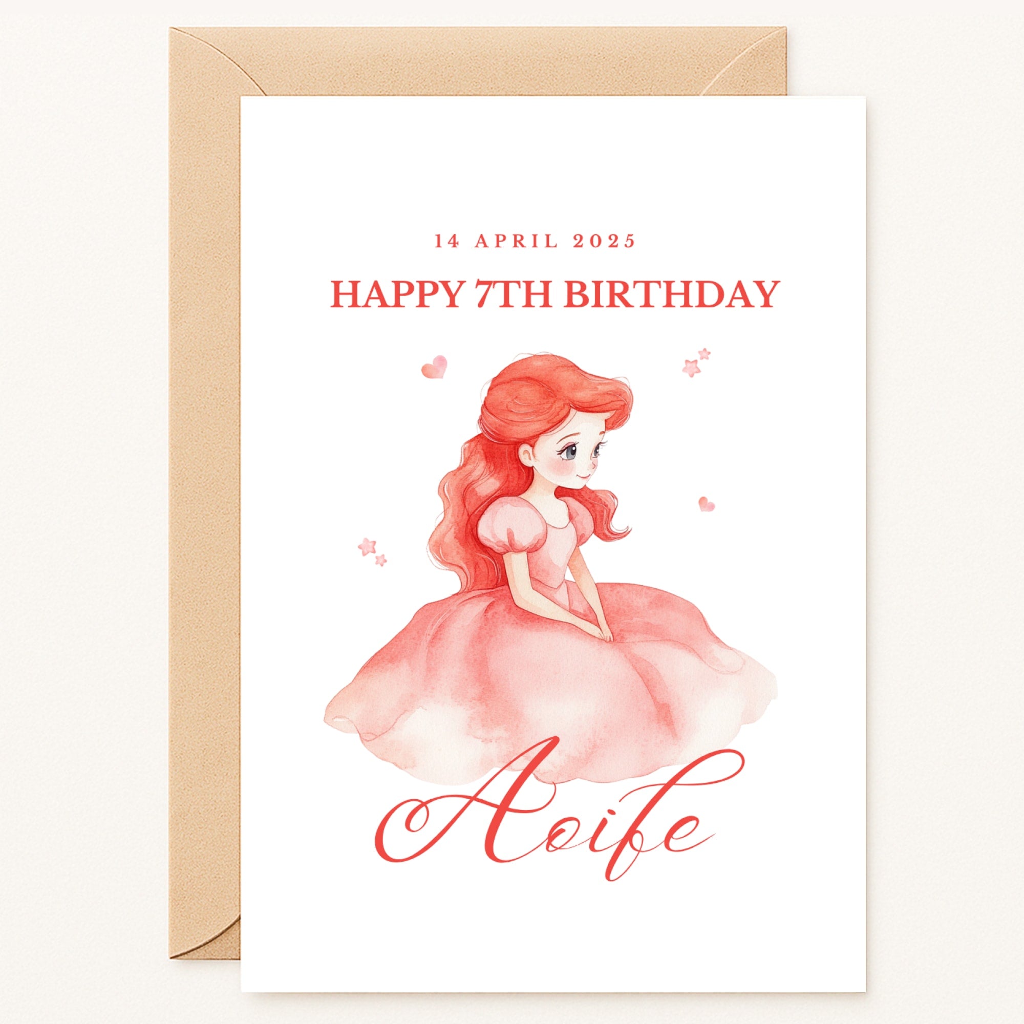 personalised birthday card for girl with red-haired princess in pink dress and custom name