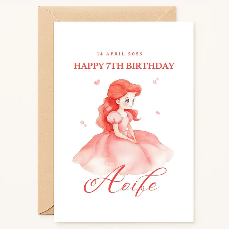 personalised birthday card for girl with red-haired princess in pink dress and custom name