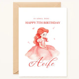personalised birthday card for girl with red-haired princess in pink dress and custom name