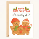 Gingerbread family Christmas card with 'Happy First Christmas as family of 3' text.