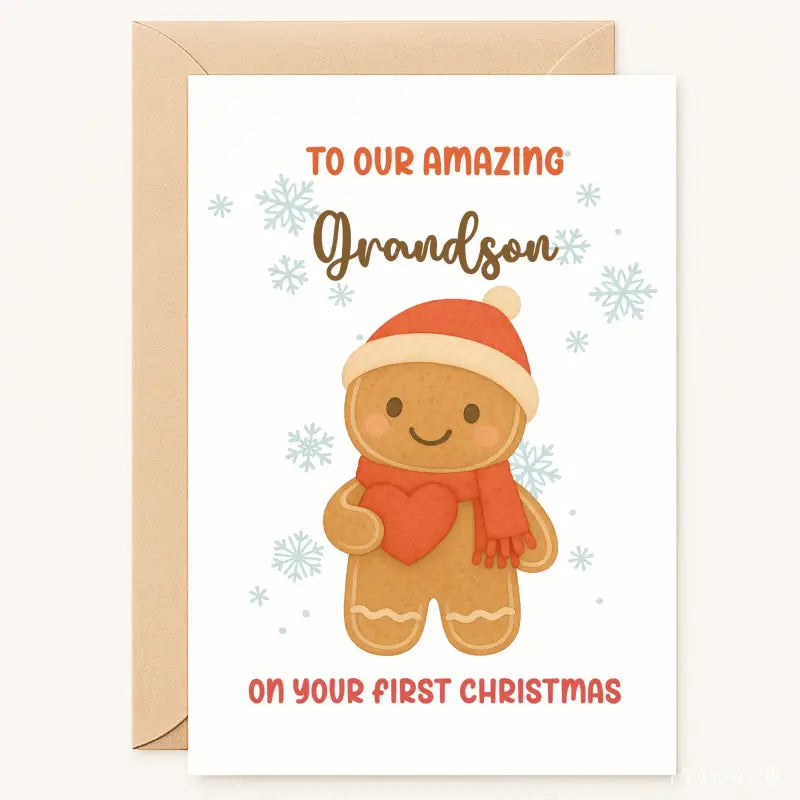 Greeting card with a gingerbread man illustration and text for an amazing grandson on their first Christmas.