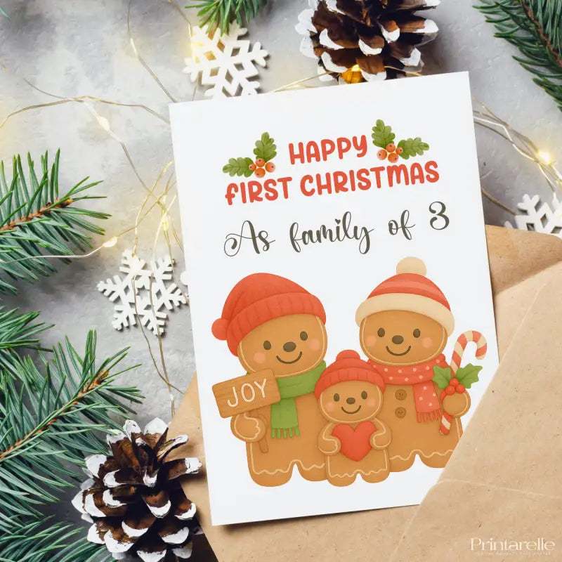Christmas card with gingerbread family design and festive decorations.