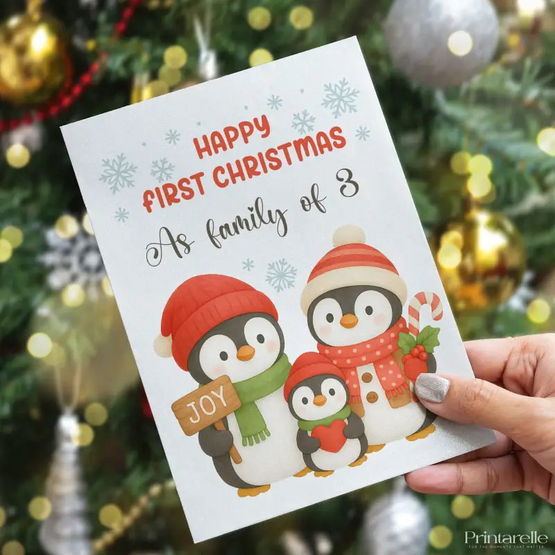 Christmas card with penguin family illustration held in front of a decorated tree.