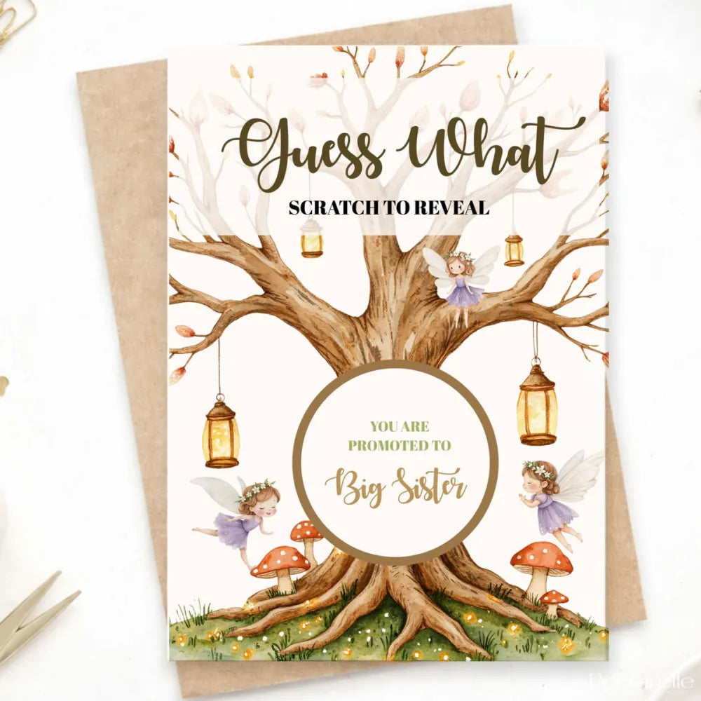 Promoted to Big Sister Scratch Card – Guess What? | Enchanted Fairy Tree - Greeting Card - Printarelle