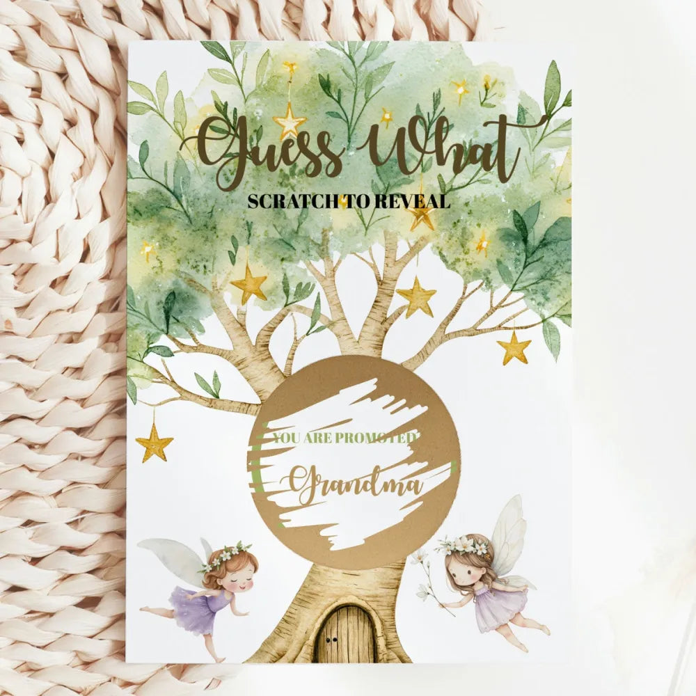 Promoted to Grandma Scratch Card – Guess What? | Enchanted Fairy Tree - Greeting Card - Printarelle
