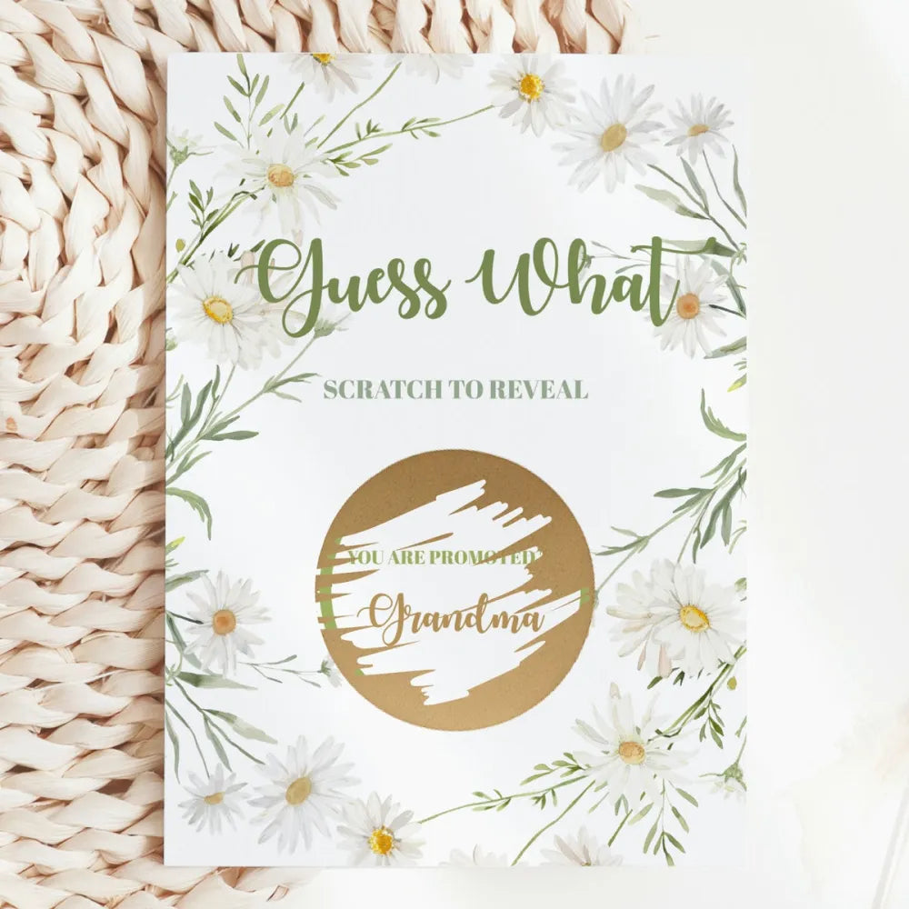 Promoted to Grandma Scratch Card – Guess What? | White Daisy & Sage - Greeting Card - Printarelle
