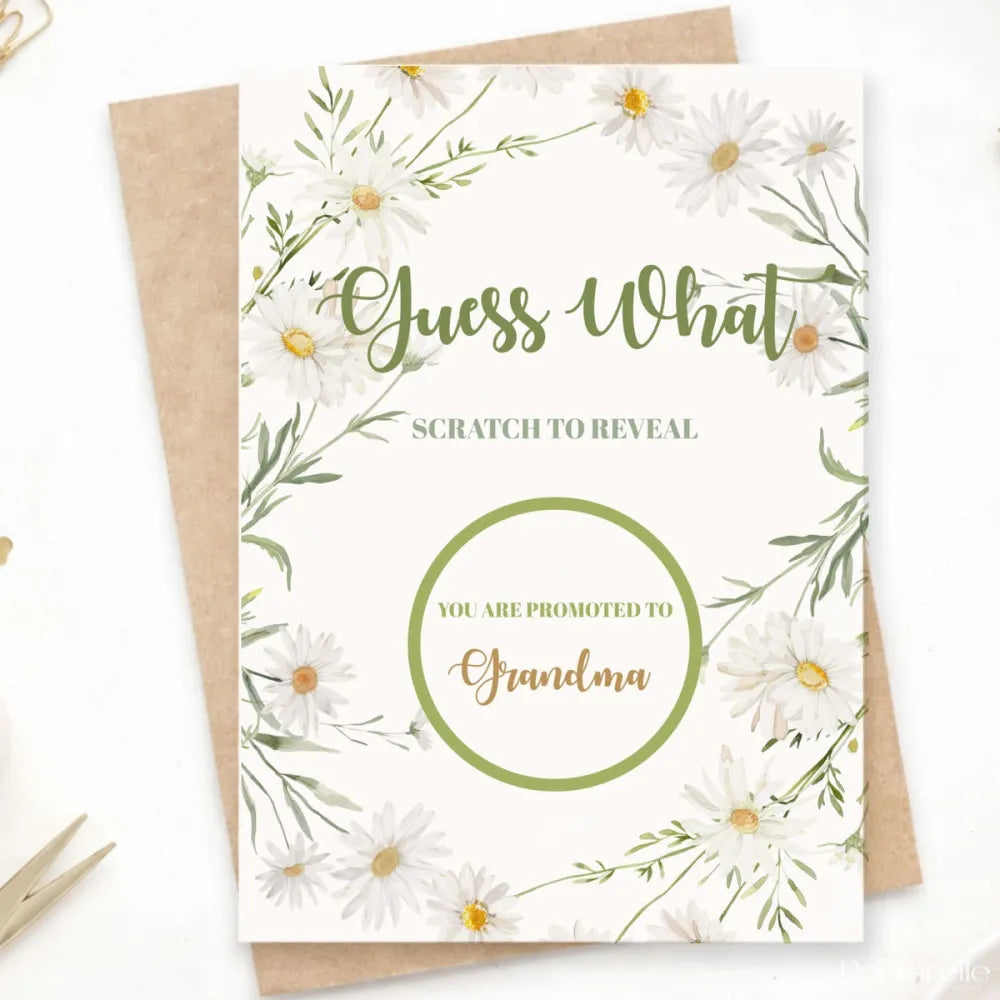 Promoted to Grandma Scratch Card – Guess What? | White Daisy & Sage - Greeting Card - Printarelle