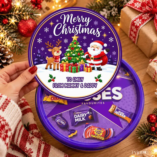 Purple circular chocolate tin with santa waves festive design featuring santa and reindeer tub sticker label