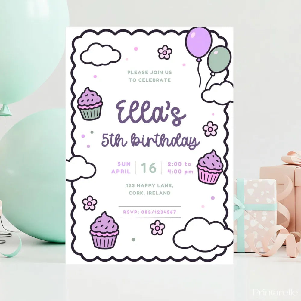Purple Cupcake Doodle Birthday Party Invitation - birthday party, purple cupcake, purple cupcake doodle, cupcake doodle