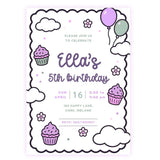 Purple Cupcake Doodle Birthday Party Invitation - birthday party, purple cupcake, purple cupcake doodle, cupcake doodle