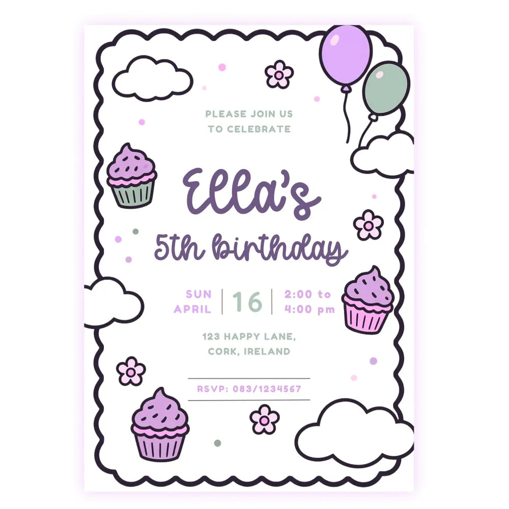 Purple Cupcake Doodle Birthday Party Invitation - birthday party, purple cupcake, purple cupcake doodle, cupcake doodle