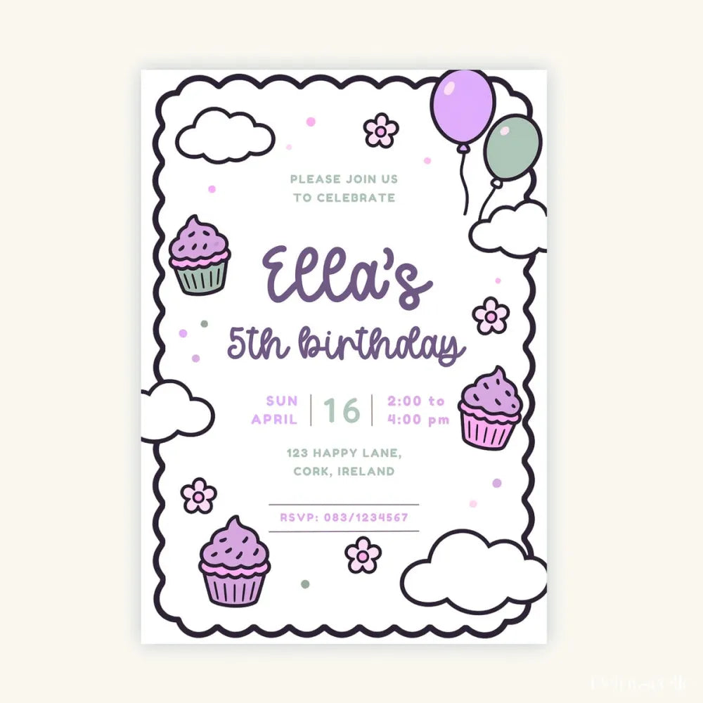 Purple Cupcake Doodle Birthday Party Invitation - birthday party, purple cupcake, purple cupcake doodle, cupcake doodle