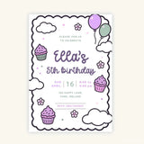 Purple Cupcake Doodle Birthday Party Invitation - birthday party, purple cupcake, purple cupcake doodle, cupcake doodle