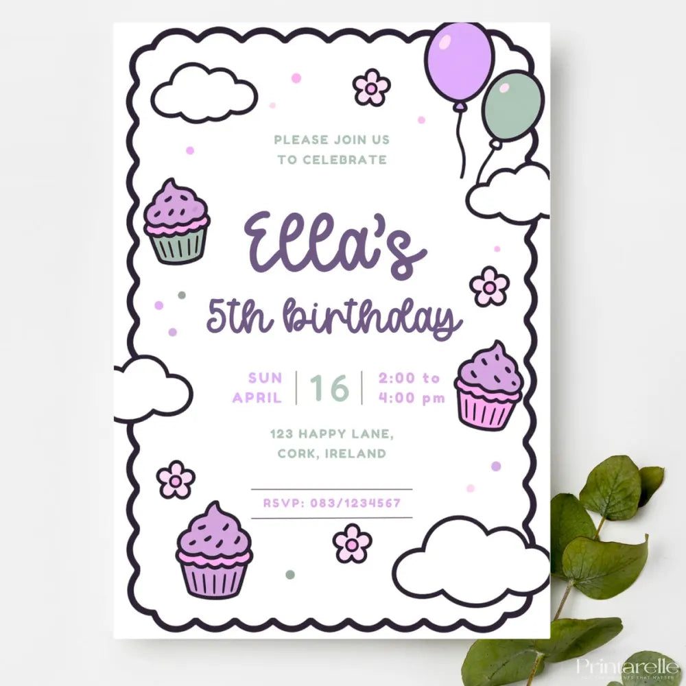Purple Cupcake Doodle Birthday Party Invitation - birthday party, purple cupcake, purple cupcake doodle, cupcake doodle