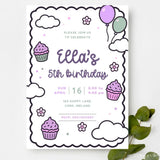 Purple Cupcake Doodle Birthday Party Invitation - birthday party, purple cupcake, purple cupcake doodle, cupcake doodle