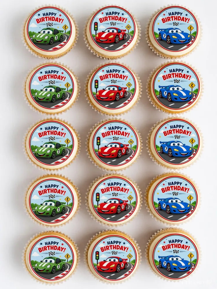 Birthday-themed edible cupcake toppers featuring colorful racing car designs with happy birthday text and road scenes