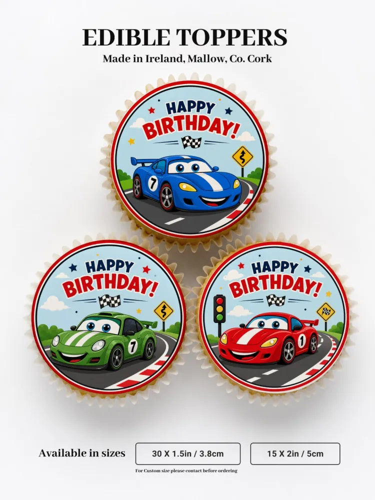 Racing car edible cupcake toppers featuring blue green and red smiling cartoon race cars on birthday cupcakes