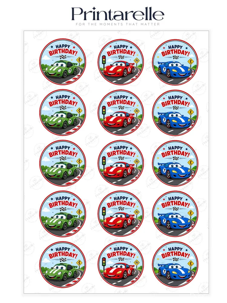 Circular edible cupcake toppers with cartoon racing cars in green red and blue on a road with traffic signs