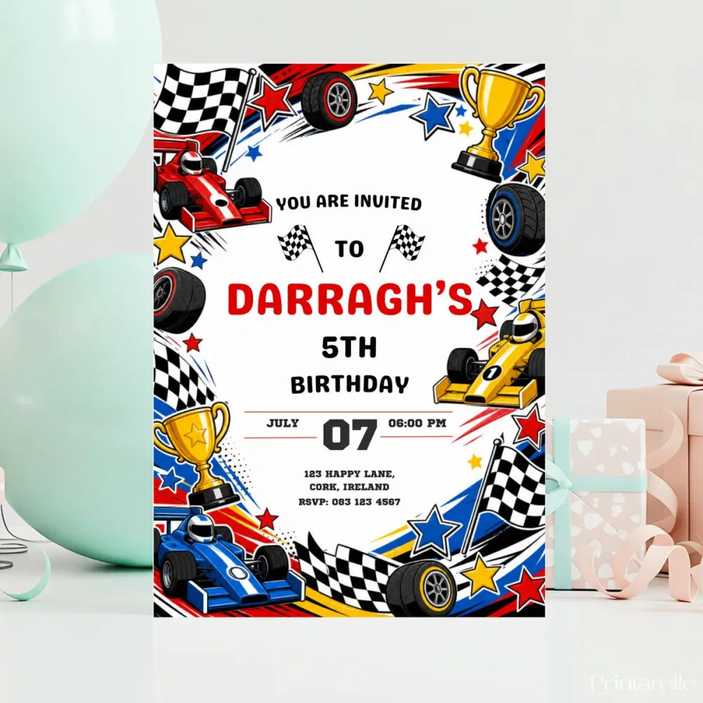 Racing Car Birthday Party Invitation | Chequered Flag Burst - racing car birthday, racing car, car birthday, chequered