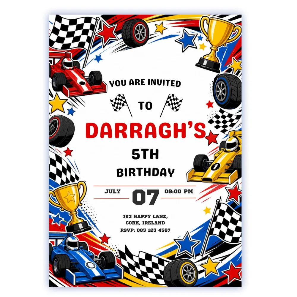 Racing Car Birthday Party Invitation | Chequered Flag Burst - racing car birthday, racing car, car birthday, chequered