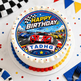 A vibrant birthday cake with white frosting and colorful sprinkles featuring a racing cars edible icing sheet topper