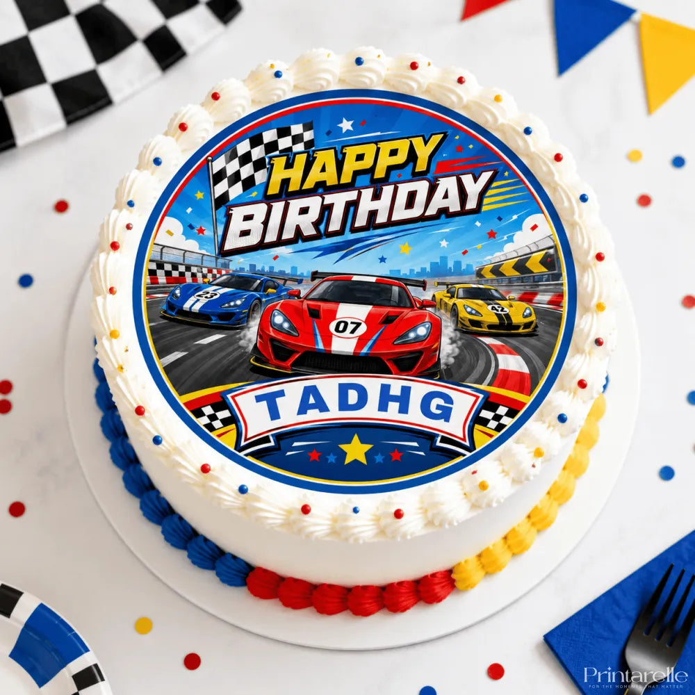A vibrant birthday cake with white frosting and colorful sprinkles featuring a racing cars edible icing sheet topper