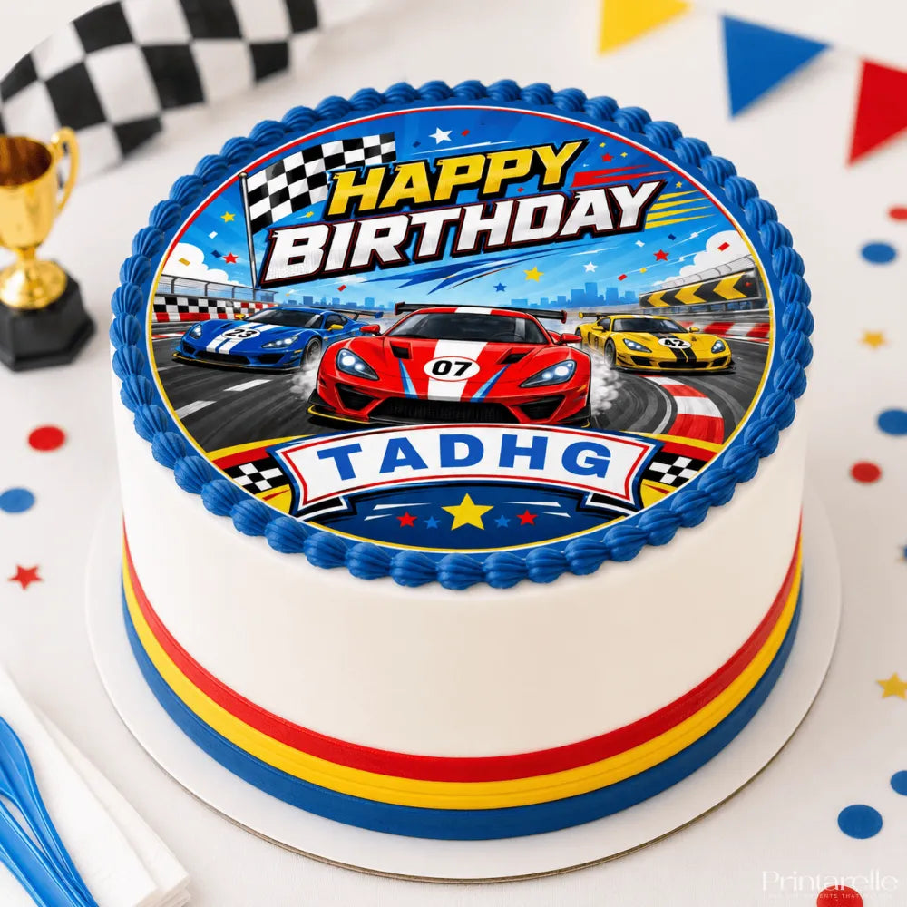 White birthday cake with blue red and yellow striped base topped with racing cars birthday cake topper icing sheet
