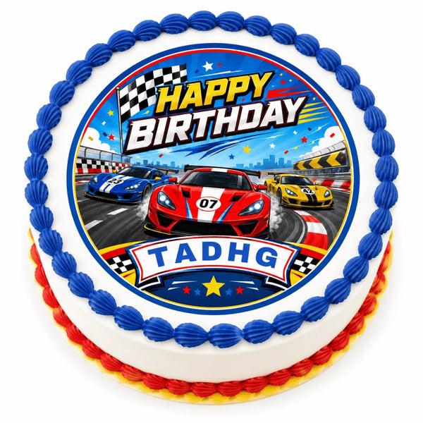 Round birthday cake with racing cars cake topper featuring colorful sports cars on an icing sheet track design