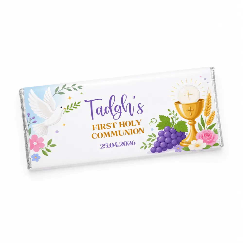 A personalised 40g chocolate bar with white chocolate wrapper featuring a dove grapes and holy communion text in purple and gold