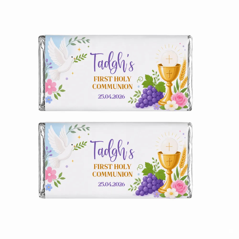Two personalised 40g chocolate bars wrapped in silver foil with white labels and purple gold text for holy communion