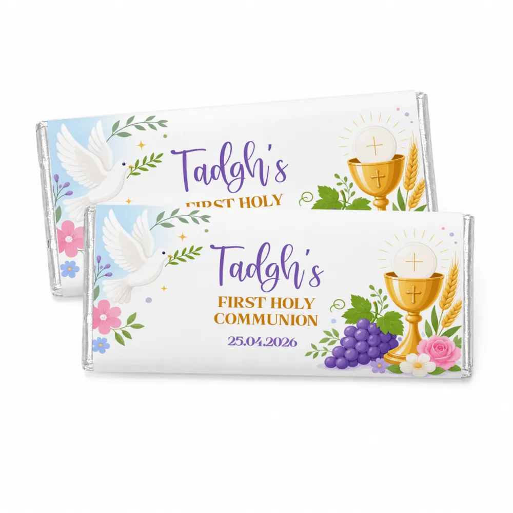 Personalised 40g chocolate bar with white chocolate, purple and gold text, dove, chalice, grapes, roses, and wheat design
