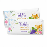 Personalised 40g chocolate bar with white chocolate, purple and gold text, dove, chalice, grapes, roses, and wheat design