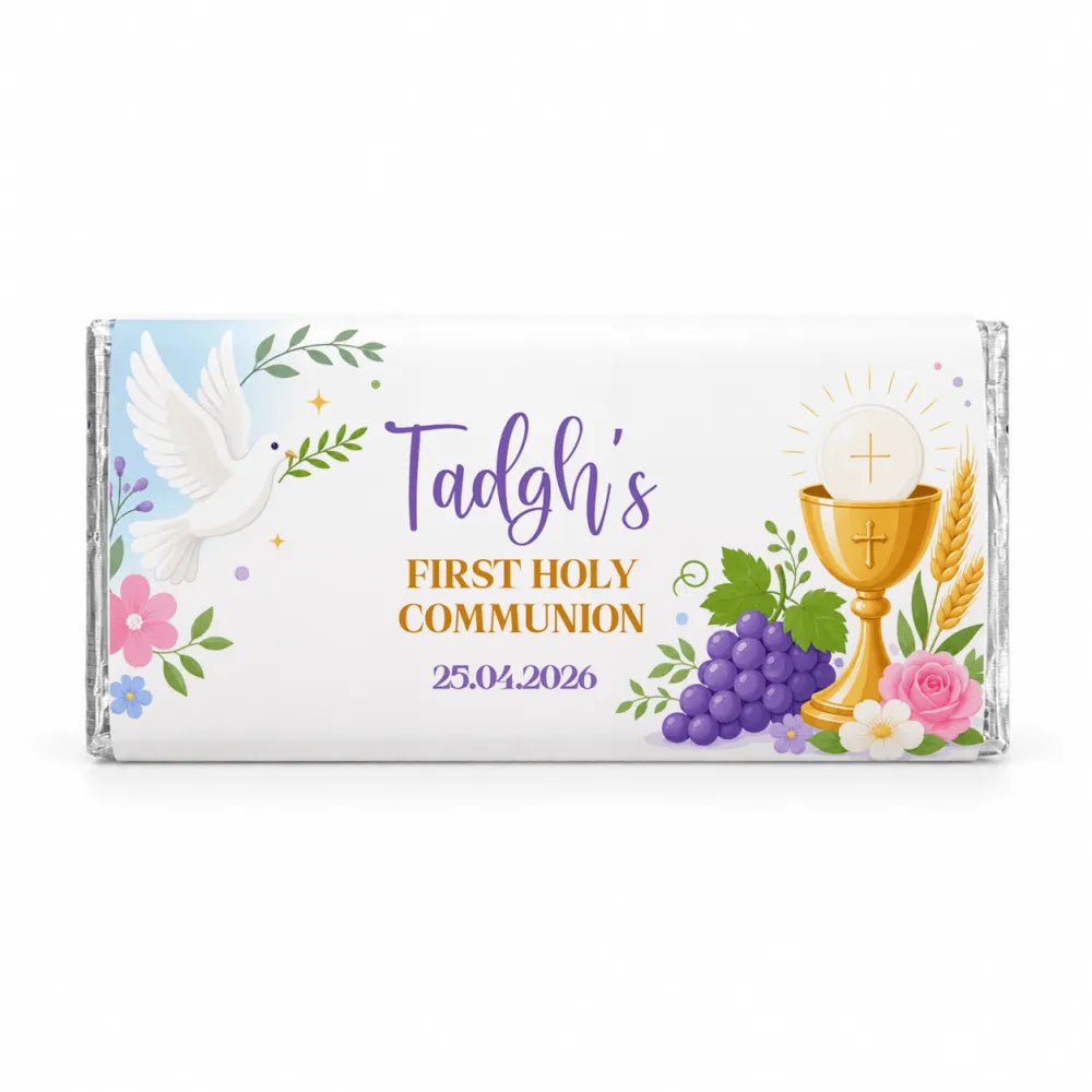 A personalised 40g chocolate bar featuring white chocolate wrapped in foil with a colorful communion design