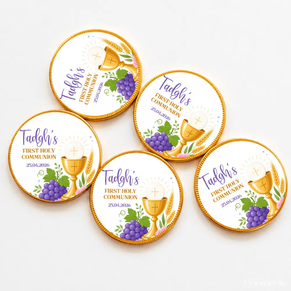 Gold-foiled 40mm milk chocolate coins featuring radiant chalice communion design with grapes wheat chalice