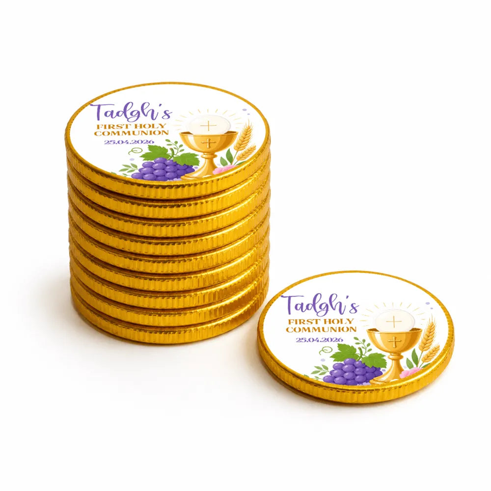 Golden 40mm milk chocolate coins featuring an ornate chalice and grapes for tadhg’s first holy communion celebration