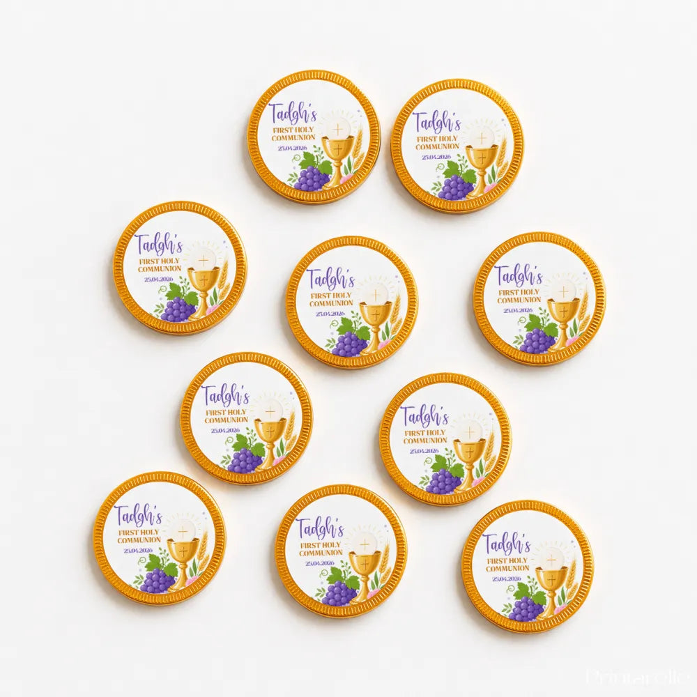 Gold-rimmed 40mm milk chocolate coins with white center showing purple grapes wheat stalks and golden chalice design