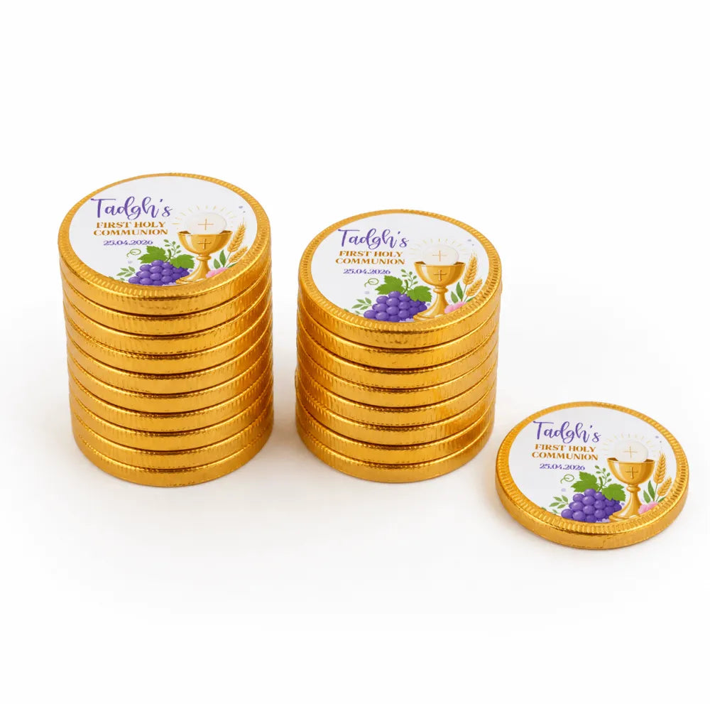 Golden 40mm milk chocolate coins with tadghs first holy communion label and chalice grapes wheat design