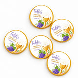 Gold-edged 40mm milk chocolate coins with white center purple grape and wheat design for first holy communion